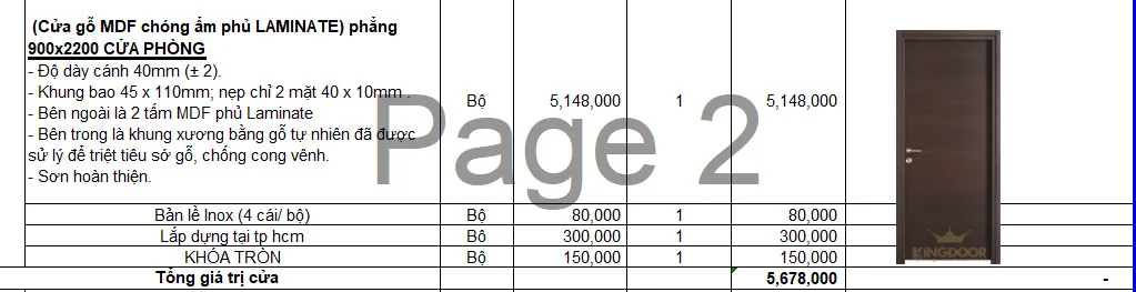 Bảng giá Cửa gỗ MDF Laminate
